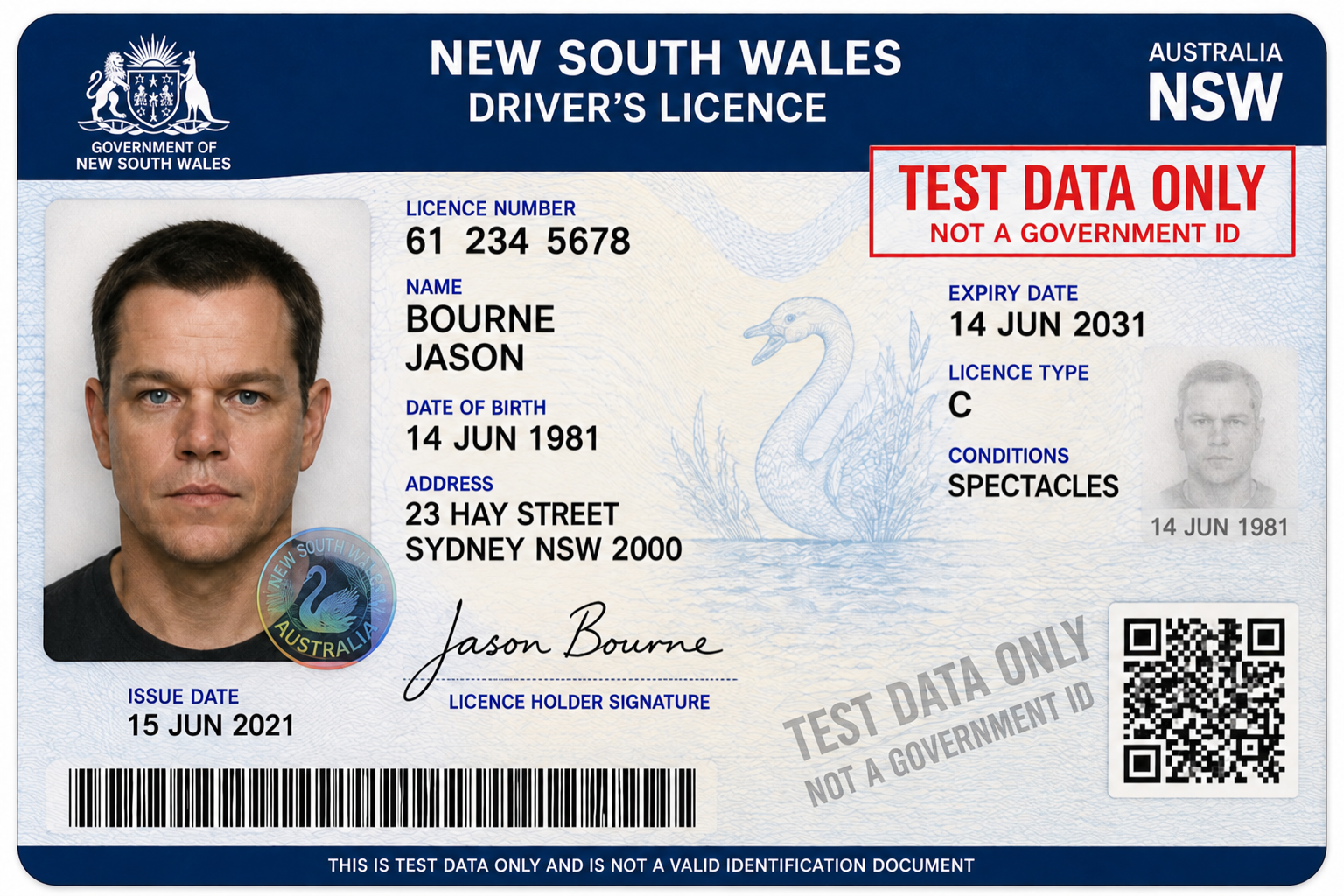 Fictional NSW driver licence for Jason Bourne, 23 Hay Street, Sydney NSW 2000. TEST DATA ONLY — NOT A GOVERNMENT ID.